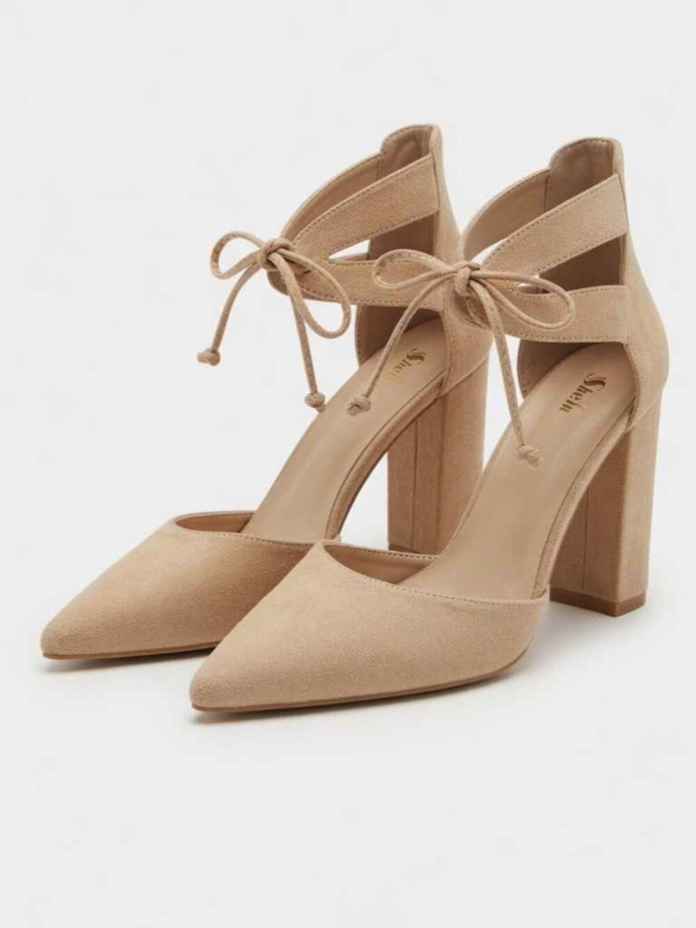 Shein nude block heel ankle tie pumps